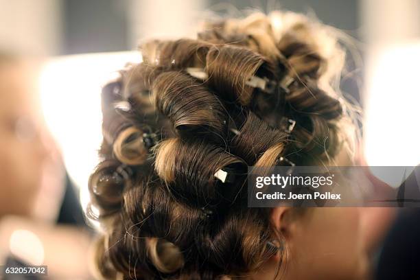 Model, hair detail, is seen backstage ahead of the Ewa Herzog show during the Mercedes-Benz Fashion Week Berlin A/W 2017 at Kaufhaus Jandorf on...