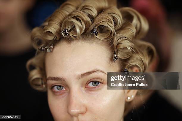 Model, hair detail, is seen backstage ahead of the Ewa Herzog show during the Mercedes-Benz Fashion Week Berlin A/W 2017 at Kaufhaus Jandorf on...