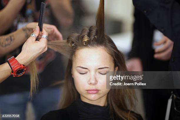 Model, hair detail, is seen backstage ahead of the Ewa Herzog show during the Mercedes-Benz Fashion Week Berlin A/W 2017 at Kaufhaus Jandorf on...