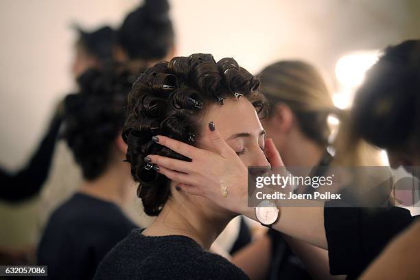 Model, hair detail, is seen backstage ahead of the Ewa Herzog show during the Mercedes-Benz Fashion Week Berlin A/W 2017 at Kaufhaus Jandorf on...