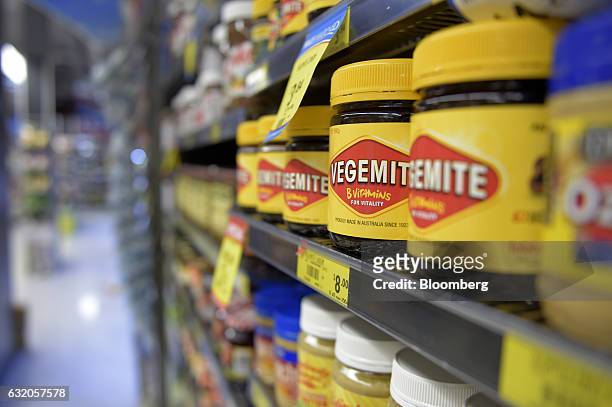 Jars of Vegemite spread sit on a shelf at a grocery store in Melbourne, Australia, on Thursday Jan. 19, 2017. Bega Cheese Ltd., who has acquired...