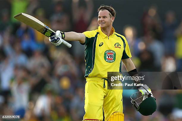 Steve Smith of Australia celebrates his century during game three of the One Day International series between Australia and Pakistan at WACA on...