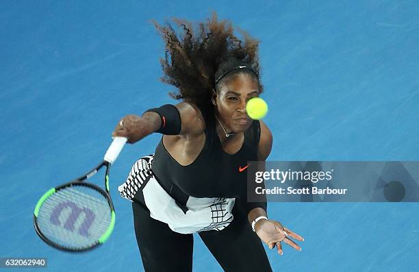 Serena Williams of the United States serves during her second round match against Lucie Safarova of the Czech Republic on day four of the 2017...