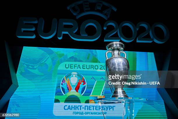 Branding with the St. Petersburg host city logo on display and UEFA Euro 2020 trophy during the UEFA EURO 2020 Host City Logo Launch in the Manege of...