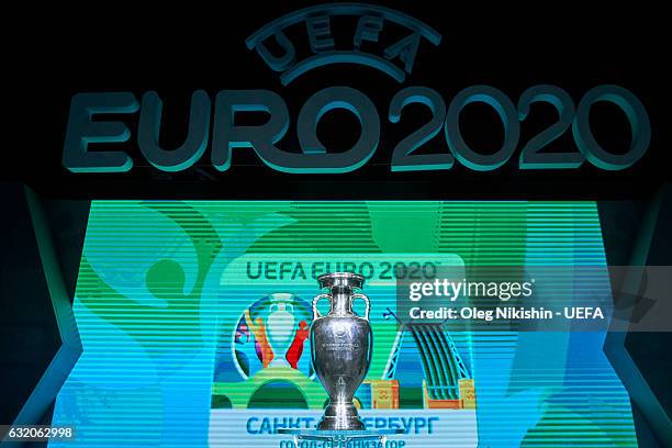 Branding with the St. Petersburg host city logo on display and UEFA Euro 2020 trophy during the UEFA EURO 2020 Host City Logo Launch in the Manege of...