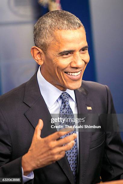 President Barack Obama holds the last news conference of his presidency in the Brady Press Briefing Room at the White House January 18, 2017 in...