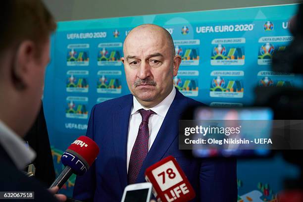 Head Coach of Russia Stanislav Cherchesov speaks during an interview in the flash area during the official EURO 2020 logo presentation for the Manege...