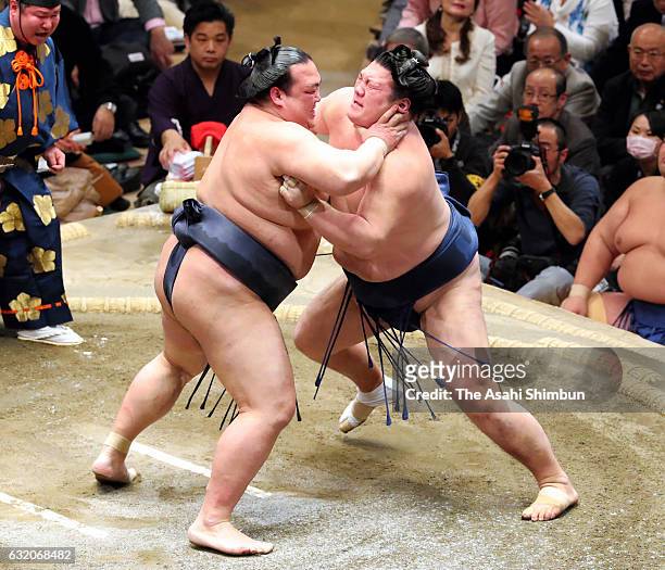 Ozeki Kisenosato and Ikioi compete during day twelve of the Grand Sumo New Year Tournament at Ryogoku Kokugikan on January 19, 2017 in Tokyo, Japan.