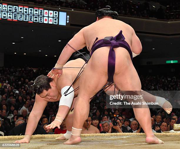 Takekaze throws Mongolian ozeki Terunofuji to win during day twelve of the Grand Sumo New Year Tournament at Ryogoku Kokugikan on January 19, 2017 in...