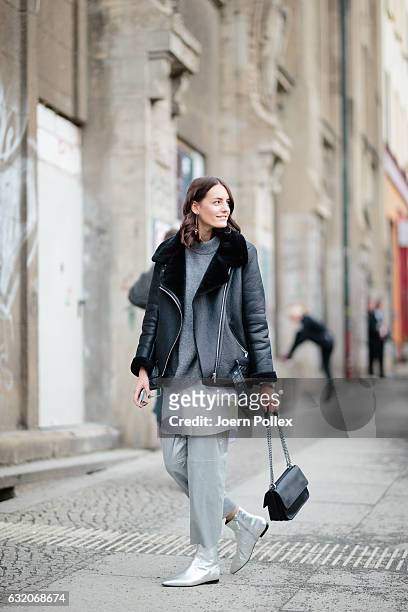 Nina Huebscher, aka Ninaco Ninaco, wearing Riani poses for photos during the Mercedes-Benz Fashion Week Berlin A/W 2017 at Kaufhaus Jandorf on...