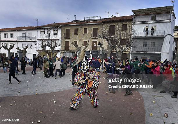 People throw turnips at a man representing the Jarrampla, sporting a costume covered in multicoloured ribbons and his face hidden behind a conical...