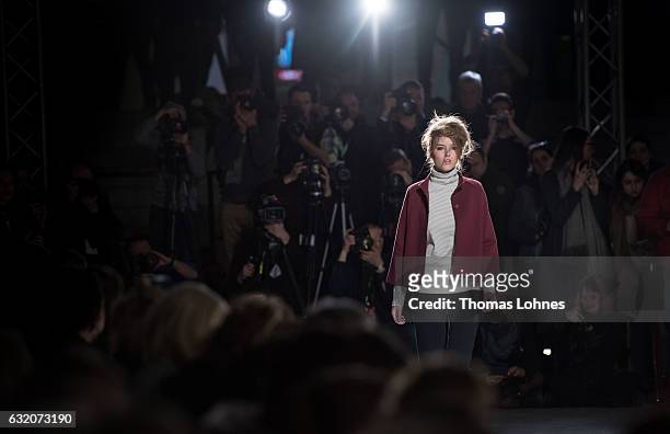 Model walks the runway during the Ethical Fashion on Stage during the Mercedes-Benz Fashion Week Berlin A/W 2017 on January 18, 2017 in Berlin,...