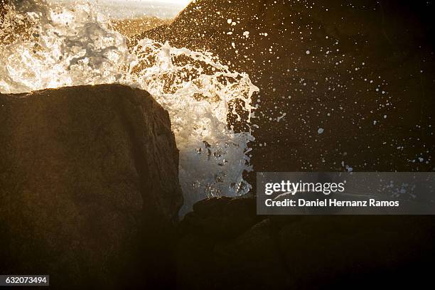 waves crashing against a rock close up illuminated by the setting sun - guarda sol stock pictures, royalty-free photos & images