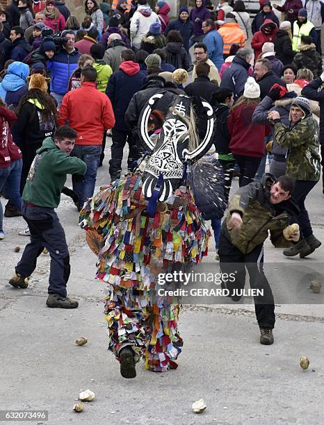 People throw turnips at a man representing the Jarrampla, beating his drum and sporting a costume covered in multicoloured ribbons and his face...