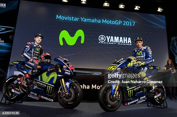 Maverick Vinales and Valentino Rossi attend 'Movistar Yamaha MotoGP 2017' presentation at Telefonica bouilding on January 19, 2017 in Madrid, Spain.