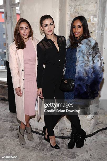 Melissa Khalaj, Fiona Erdmann and Lisa Griess attend the Ewa Herzog show during the Mercedes-Benz Fashion Week Berlin A/W 2017 at Kaufhaus Jandorf on...