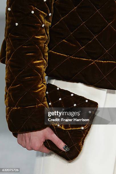 Model, bag detail, walks the runway at the Steinrohner show during the Mercedes-Benz Fashion Week Berlin A/W 2017 at Kaufhaus Jandorf on January 19,...