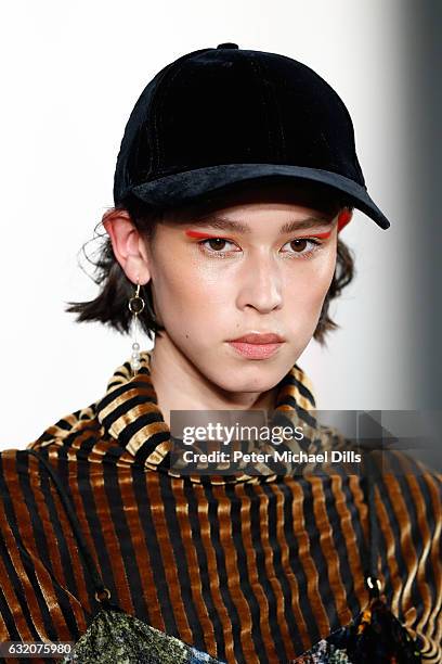 Model, hat detail, walks the runway at the Steinrohner show during the Mercedes-Benz Fashion Week Berlin A/W 2017 at Kaufhaus Jandorf on January 19,...