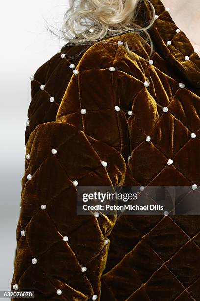 Model, fashion detail, walks the runway at the Steinrohner show during the Mercedes-Benz Fashion Week Berlin A/W 2017 at Kaufhaus Jandorf on January...