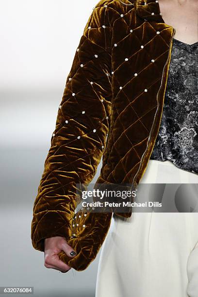 Model, fashion detail, walks the runway at the Steinrohner show during the Mercedes-Benz Fashion Week Berlin A/W 2017 at Kaufhaus Jandorf on January...