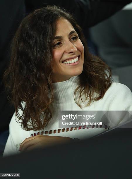 Xisca Perello, girlfriend of Rafael Nadal of Spain watches him play in his second round match against Marcos Baghdatis of Cyprus on day four of the...