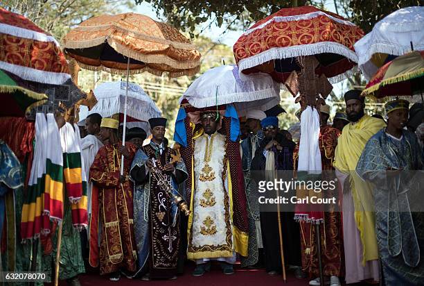 Ethiopian Orthodox priests carry a Tabot during a procession to mark the annual Timkat epiphany celebration on January 18, 2017 in Gondar, Ethiopia....