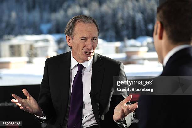 James Gorman, chief executive officer of Morgan Stanley, gestures as he speaks during a Bloomberg Television interview at the World Economic Forum in...