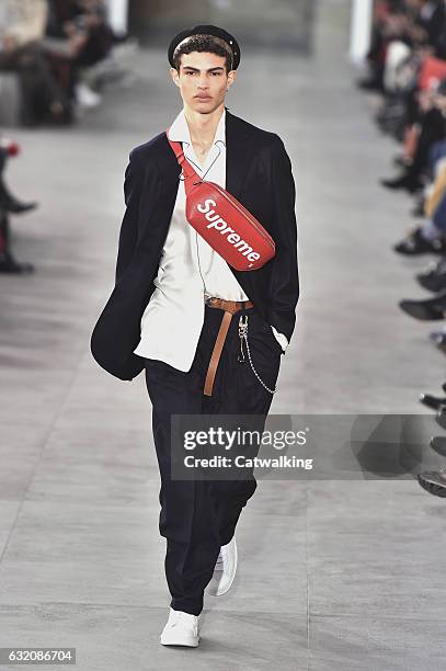 Model walks the runway at the Louis Vuitton Autumn Winter 2017 fashion show during Paris Menswear Fashion Week on January 19, 2017 in Paris, France.