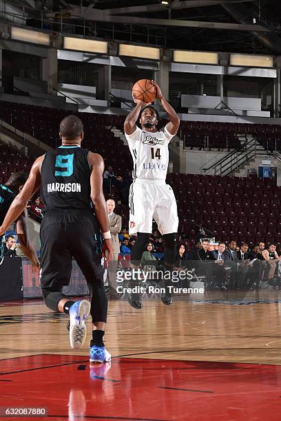 Kalin Lucas of the Erie Bayhawks shoots the ball against the Greensboro Swarm as part of 2017 NBA D-League Showcase at the Hershey Centre on January...