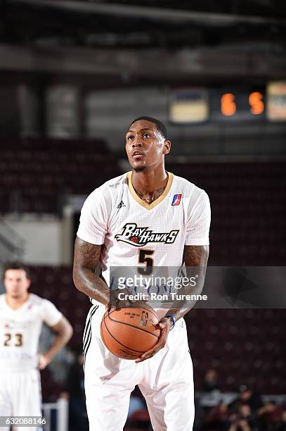 Alex Davis of the Erie Bayhawks shoots a free throw during the game against the Greensboro Swarm as part of 2017 NBA D-League Showcase at the Hershey...