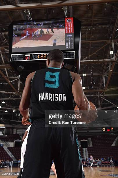 Aaron Harrison of the Greensboro Swarm about to toss the ball in from the sidelines during the game against the Erie Bayhawks as part of 2017 NBA...