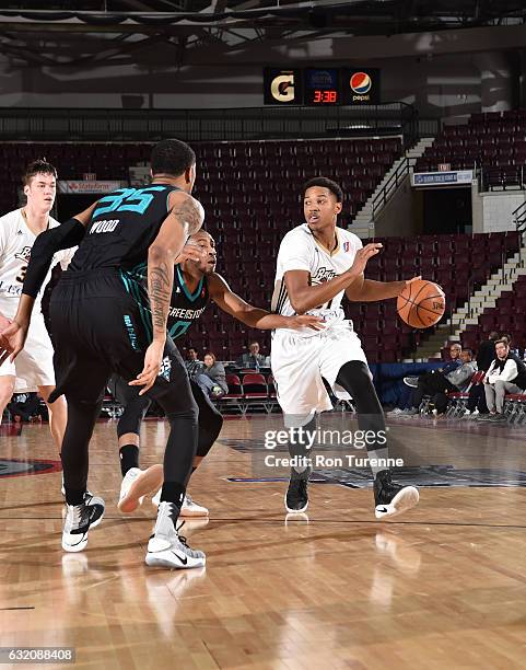 Anthony Brown of the Erie Bayhawks dribbles the ball during the game against the Greensboro Swarm as part of 2017 NBA D-League Showcase at the...