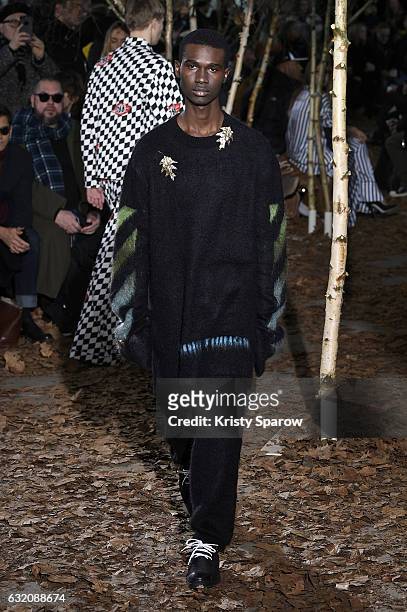 Model walks the runway during the Off-White Menswear Fall/Winter 2017-2018 show as part of Paris Fashion Week on January 19, 2017 in Paris, France.