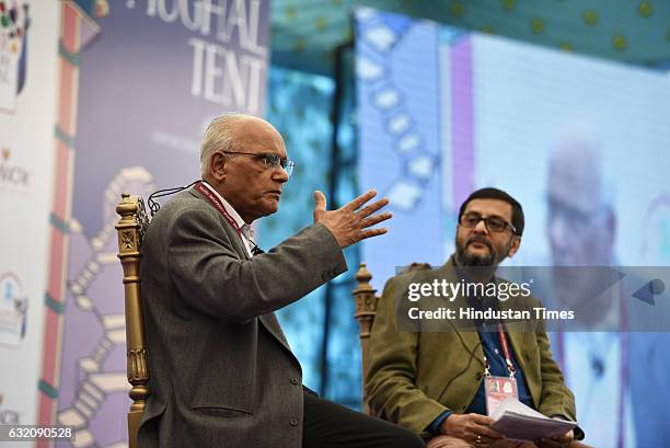 Bhyrappa in conversation with Vivek Shanbagh during the 'Saakshi: The Witness' session at the Jaipur Literature Fest 2017, on January 19, 2017 in...