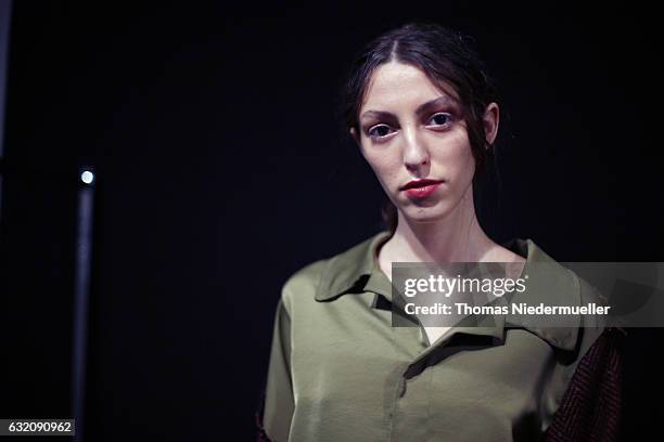 Model is seen backstage ahead of the Vladimir Karaleev show during the Mercedes-Benz Fashion Week Berlin A/W 2017 at Kaufhaus Jandorf on January 19,...