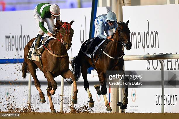Mickael Barzalona riding Hunting Ground wins the Meydan Sobha race during Dubai World Cup Carnival third meeting at Meydan on January 19, 2017 in...