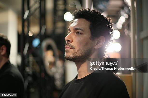 Boris Entrup is seen backstage ahead of the Vladimir Karaleev show during the Mercedes-Benz Fashion Week Berlin A/W 2017 at Kaufhaus Jandorf on...