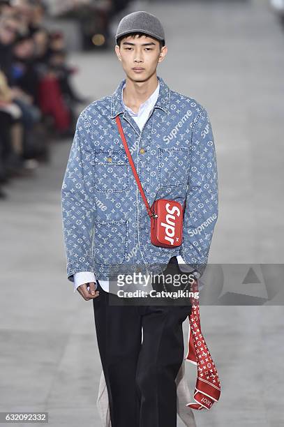 Accessories bag detail on the runway at the Louis Vuitton Autumn Winter 2017 fashion show during Paris Menswear Fashion Week on January 19, 2017 in...