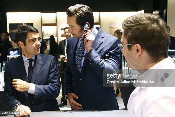 MontBlanc CEO Jerome Lambert and Hugh Jackman attend the Montblanc Press Conference at The SIHH - 27th Salon International De La Haute Horlogerie on...