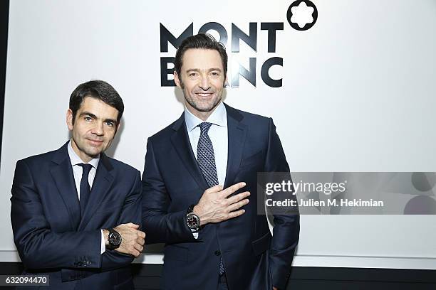 MontBlanc CEO Jerome Lambert and Hugh Jackman attend the Montblanc Press Conference at The SIHH - 27th Salon International De La Haute Horlogerie on...