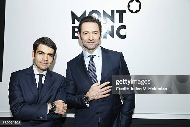 MontBlanc CEO Jerome Lambert and Hugh Jackman attend the Montblanc Press Conference at The SIHH - 27th Salon International De La Haute Horlogerie on...