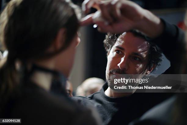 Boris Entrup is seen backstage ahead of the Vladimir Karaleev show during the Mercedes-Benz Fashion Week Berlin A/W 2017 at Kaufhaus Jandorf on...