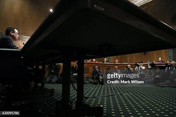 Treasury Secretary nominee, Steven Mnuchin, testifies during his Senate Finance committee confirmation hearing on Capitol Hill, on January 19, 2017...