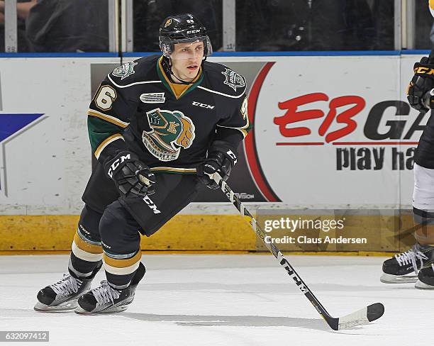 Dante Salituro of the London Knights skates against the Sarnia Sting during an OHL game at Budweiser Gardens on January 18, 2017 in London, Ontario,...