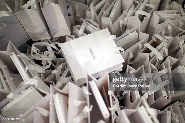 Bags are displayed backstage ahead of the Michael Sontag show during the Mercedes-Benz Fashion Week Berlin A/W 2017 at Kaufhaus Jandorf on January...