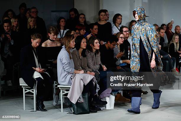 Model walks the runway at the Michael Sontag show during the Mercedes-Benz Fashion Week Berlin A/W 2017 at Kaufhaus Jandorf on January 19, 2017 in...