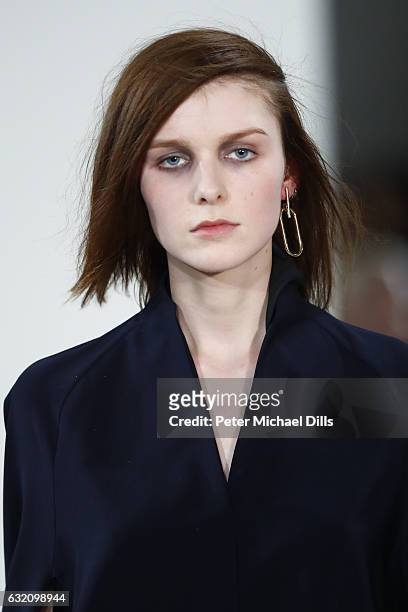 Model walks the runway at the Michael Sontag show during the Mercedes-Benz Fashion Week Berlin A/W 2017 at Kaufhaus Jandorf on January 19, 2017 in...