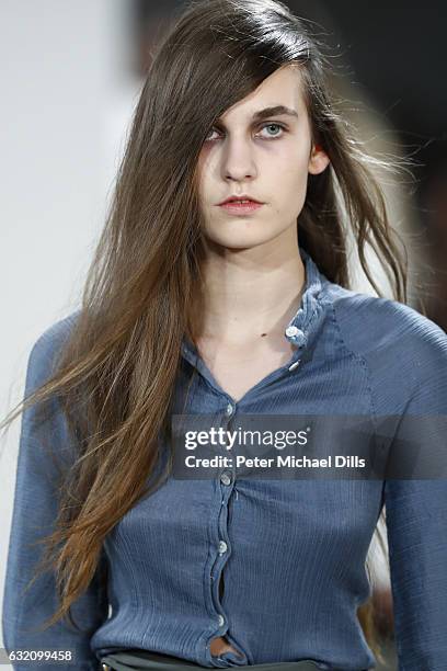 Model walks the runway at the Michael Sontag show during the Mercedes-Benz Fashion Week Berlin A/W 2017 at Kaufhaus Jandorf on January 19, 2017 in...