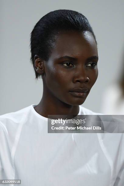 Model walks the runway at the Michael Sontag show during the Mercedes-Benz Fashion Week Berlin A/W 2017 at Kaufhaus Jandorf on January 19, 2017 in...