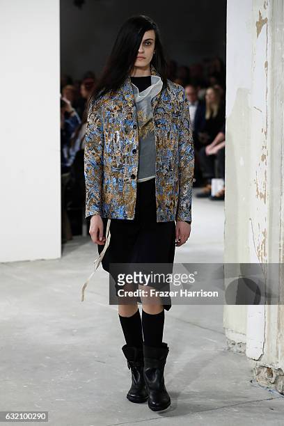 Model walks the runway at the Michael Sontag show during the Mercedes-Benz Fashion Week Berlin A/W 2017 at Kaufhaus Jandorf on January 19, 2017 in...